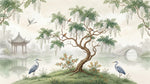 Papier peint panoramique botanique - Saule pleureur wisteria hérons cendrés pavillon chinois fond beige crème nuageux sur mesure - Design