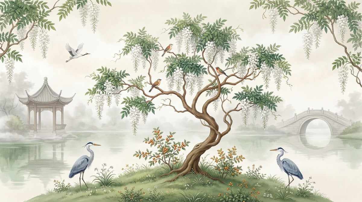 Papier peint panoramique botanique - Saule pleureur wisteria hérons cendrés pavillon chinois fond beige crème nuageux sur mesure - Design