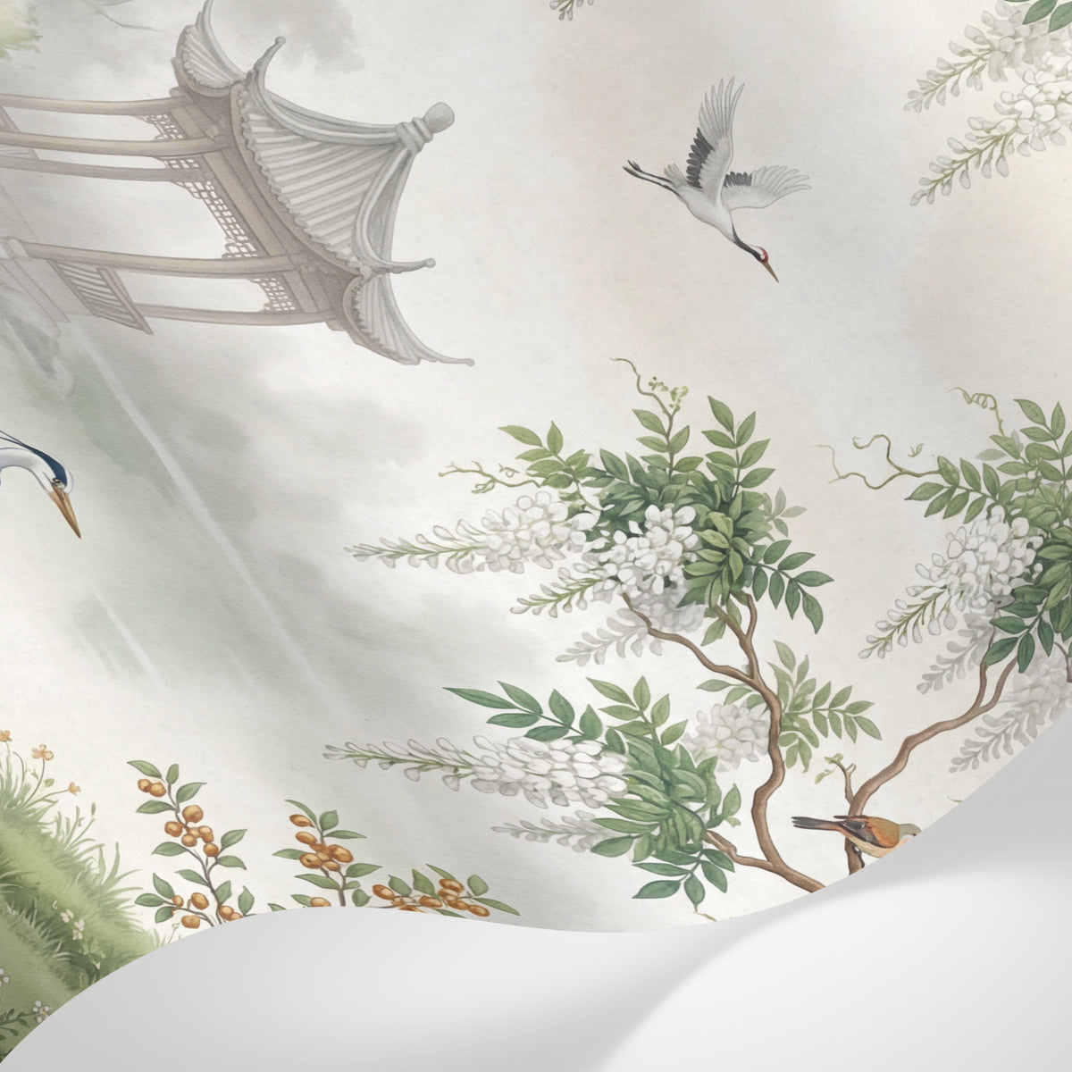 Papier peint panoramique botanique - Saule pleureur wisteria hérons cendrés pavillon chinois fond beige crème nuageux sur mesure - Matière