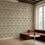 papier peint damasse pivoines et feuillages baroques orange corail sur fond crem-HERO-3