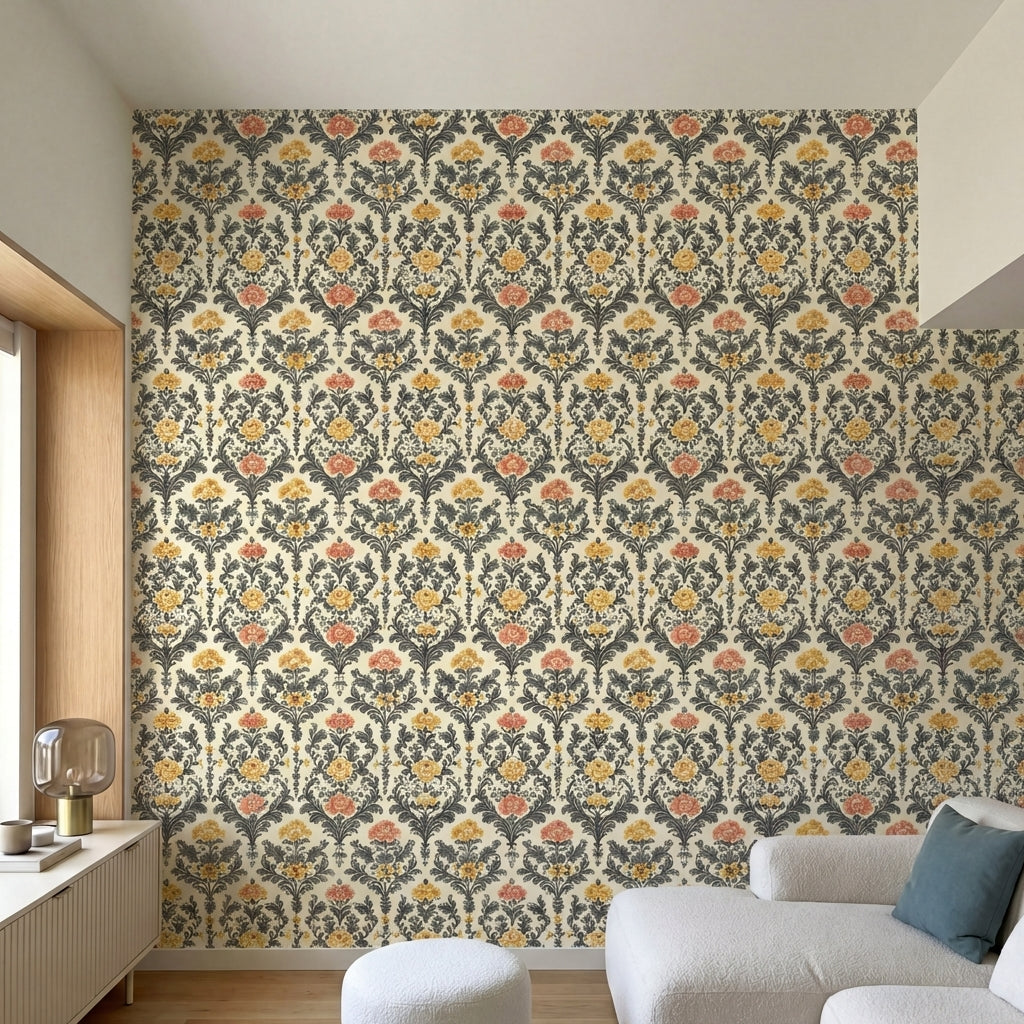 papier peint damasse pivoines et feuillages baroques orange corail sur fond crem-HERO-7