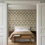 papier peint damasse pivoines et feuillages baroques orange corail sur fond crem-VARIANTE-3
