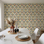papier peint damasse pivoines et feuillages baroques orange corail sur fond crem-VARIANTE-4