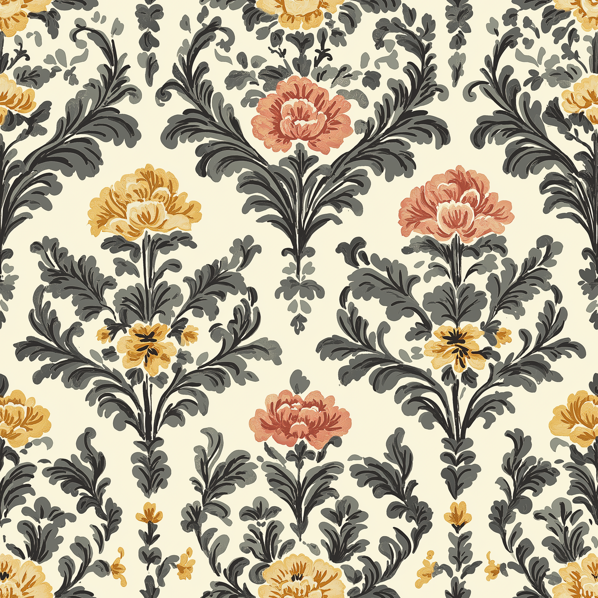 Papier peint motif damassé - Pivoines et feuillages baroques orange corail sur fond crème - Design
