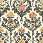Papier peint motif damassé - Pivoines et feuillages baroques orange corail sur fond crème - Design