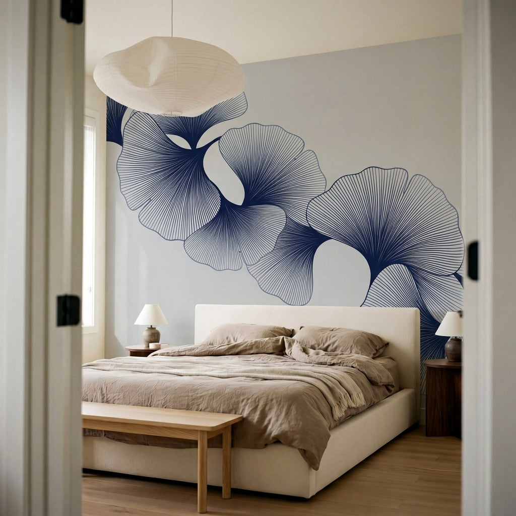 papier peint design contemporain feuilles ginkgo stylisees lignes fines bleu mar-7