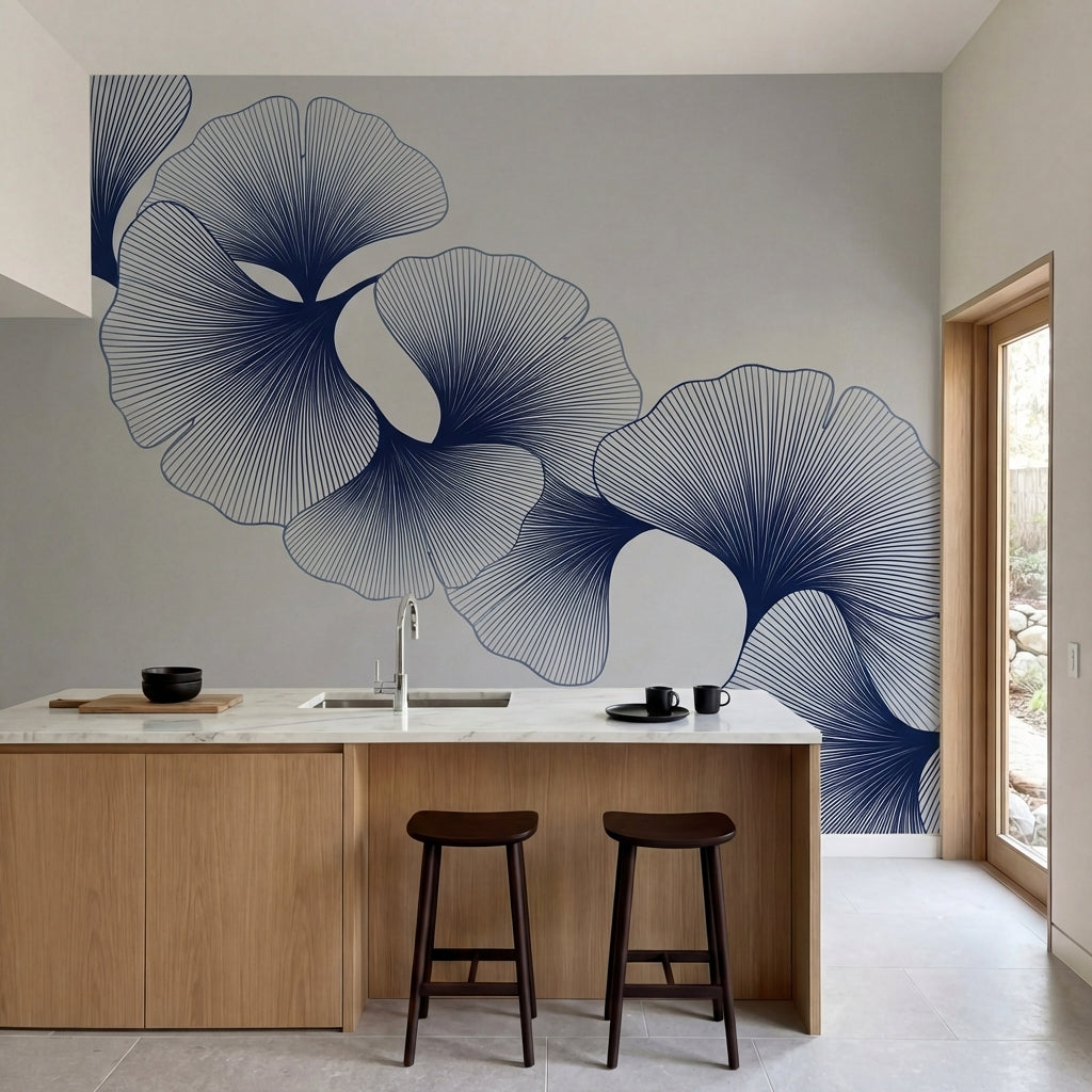 papier peint design contemporain feuilles ginkgo stylisees lignes fines bleu mar-HERO-10