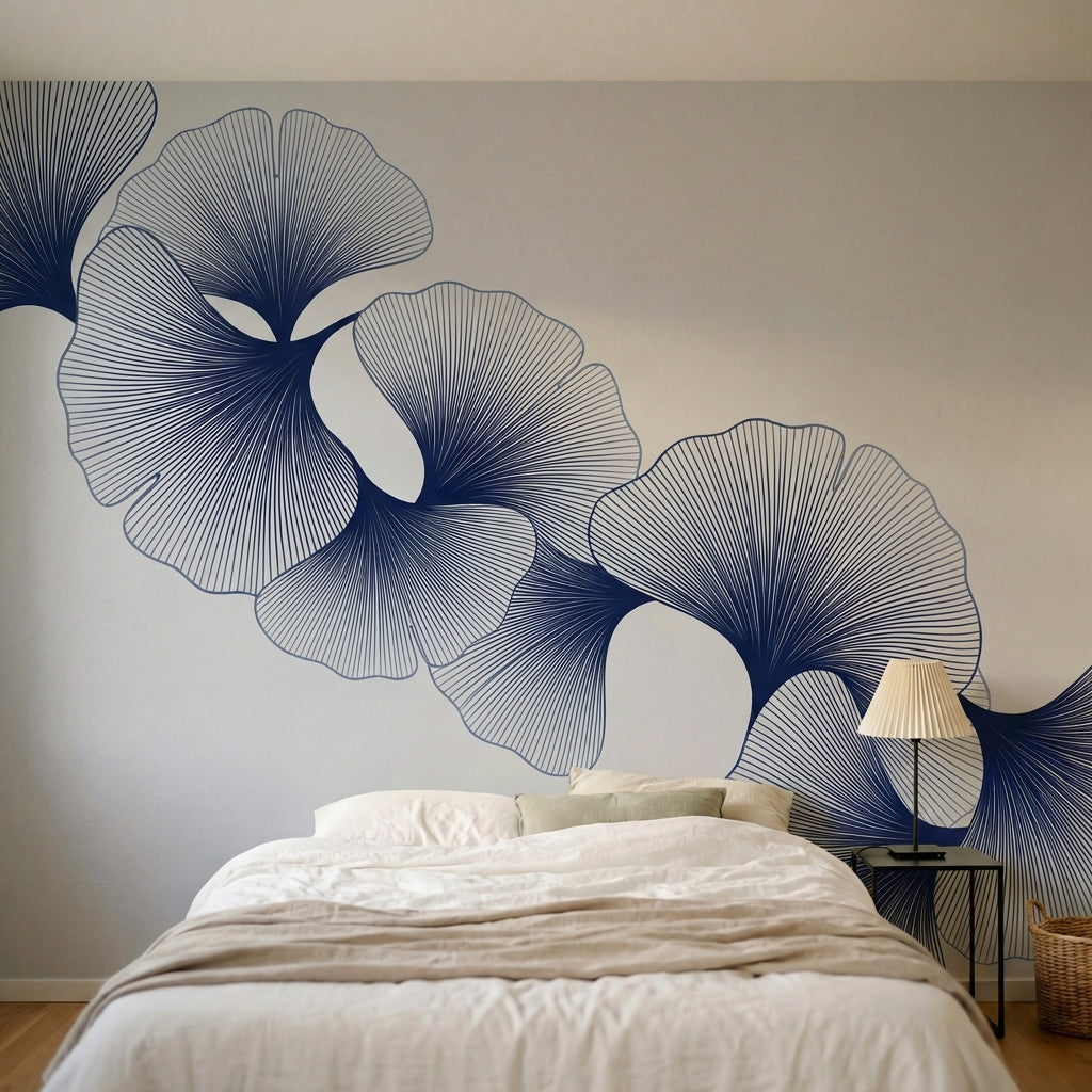 papier peint design contemporain feuilles ginkgo stylisees lignes fines bleu mar-HERO-7