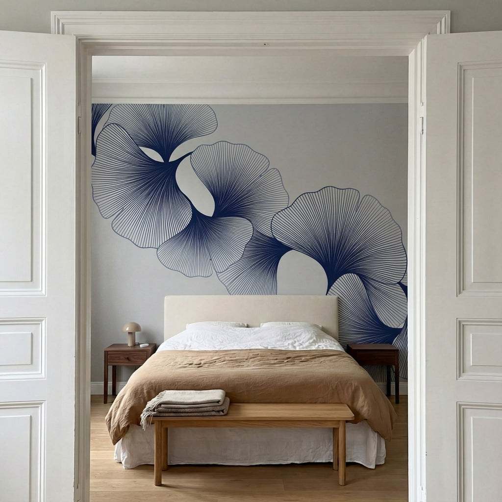 papier peint design contemporain feuilles ginkgo stylisees lignes fines bleu mar-VARIANTE-10