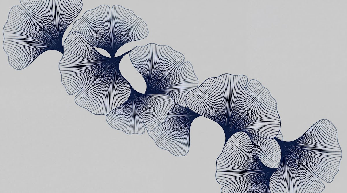 Papier peint panoramique feuillage - Feuilles ginkgo stylisées lignes fines bleu marine fond gris perle sur mesure - Design