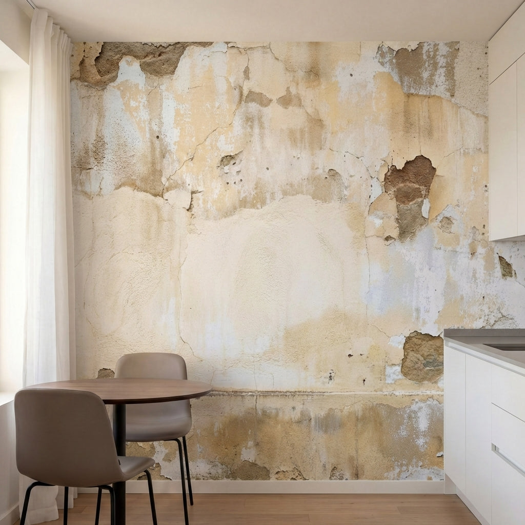 papier peint effet brique mur vieilli ecaille peinture blanche beige et gris cla-1