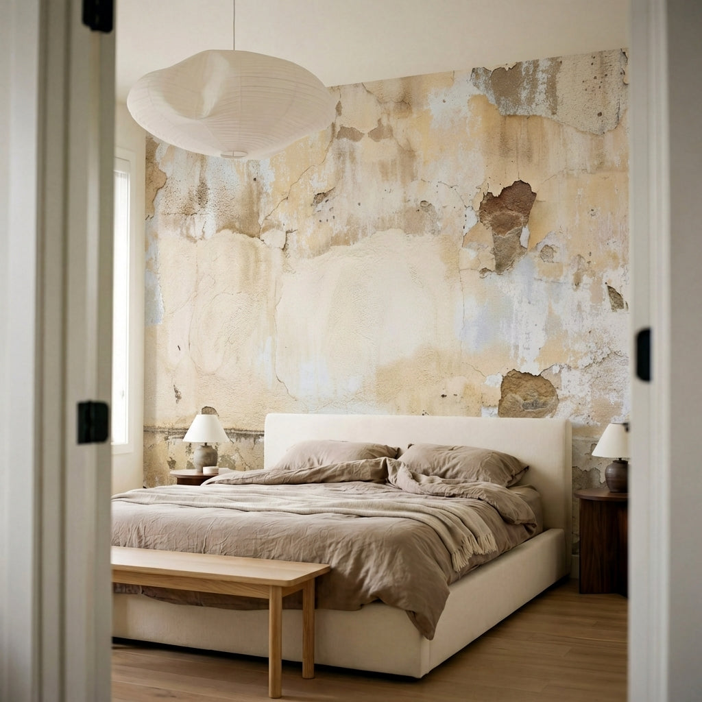 papier peint effet brique mur vieilli ecaille peinture blanche beige et gris cla-10