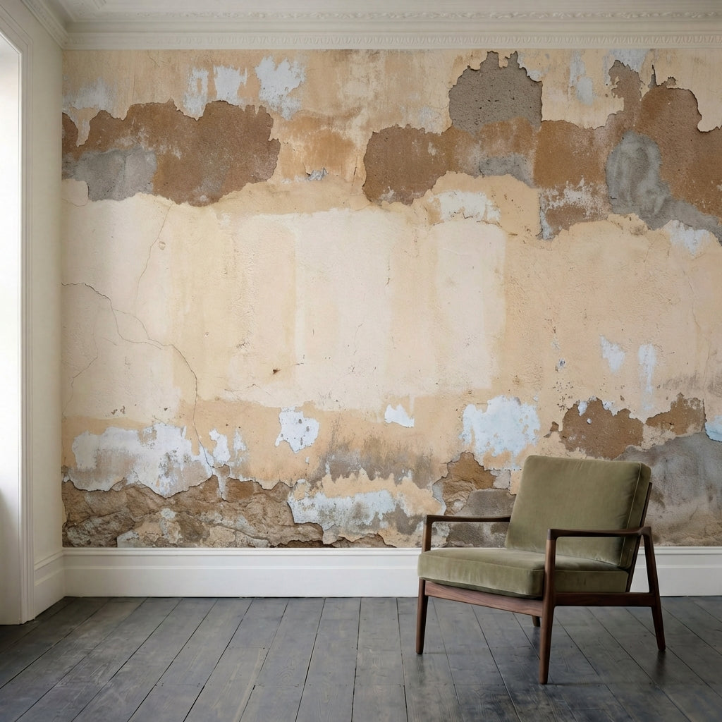 papier peint effet brique mur vieilli ecaille tons beige creme brun et gris taup-1