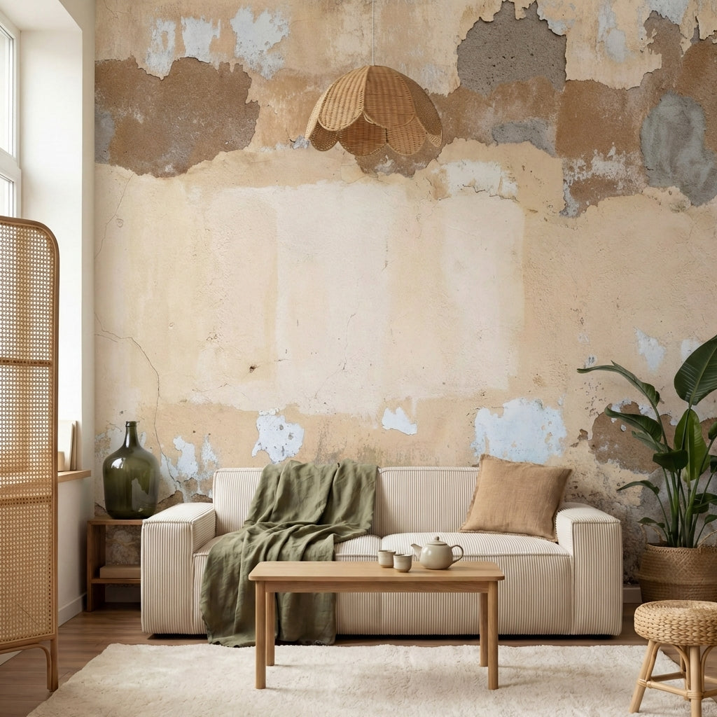 papier peint effet brique mur vieilli ecaille tons beige creme brun et gris taup-10