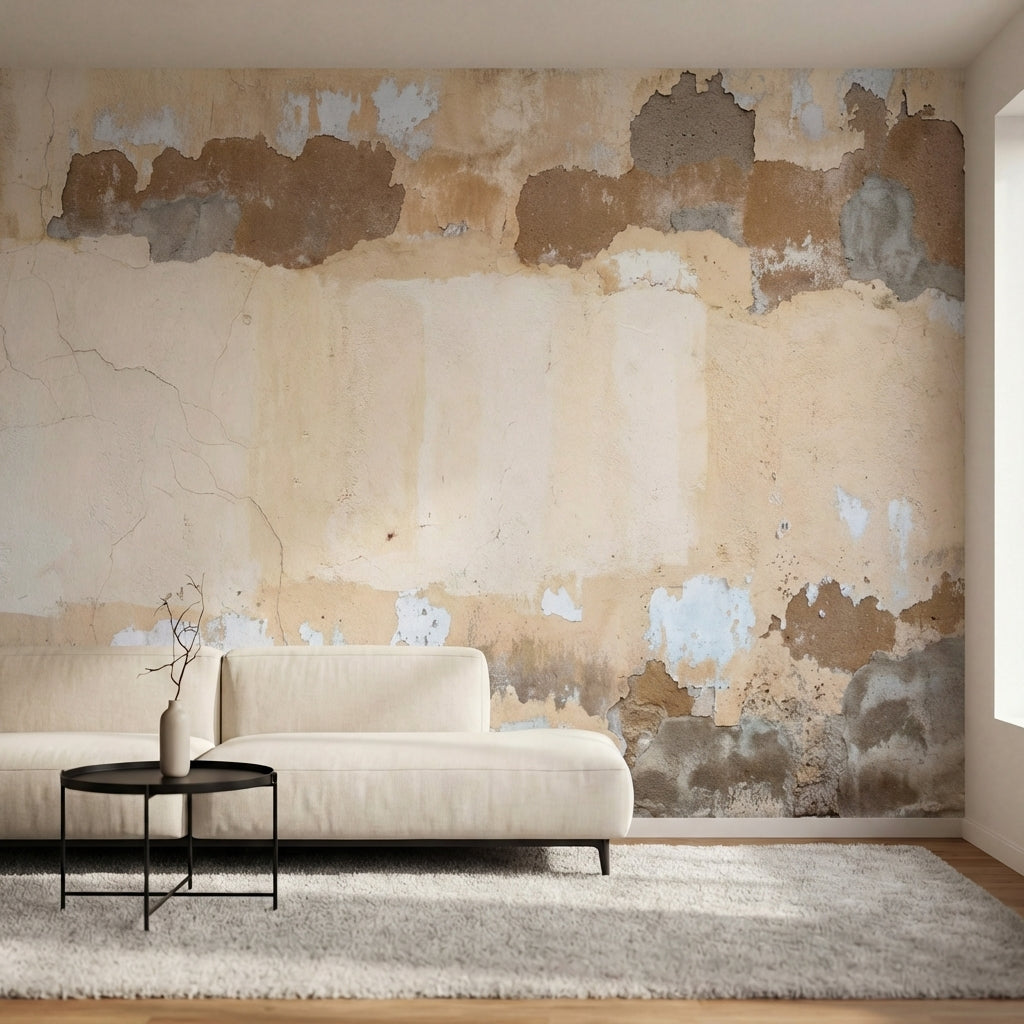 papier peint effet brique mur vieilli ecaille tons beige creme brun et gris taup-2