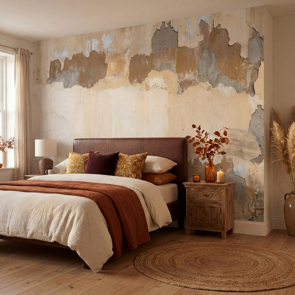 papier peint effet brique mur vieilli ecaille tons beige creme brun et gris taup-VARIANTE-7
