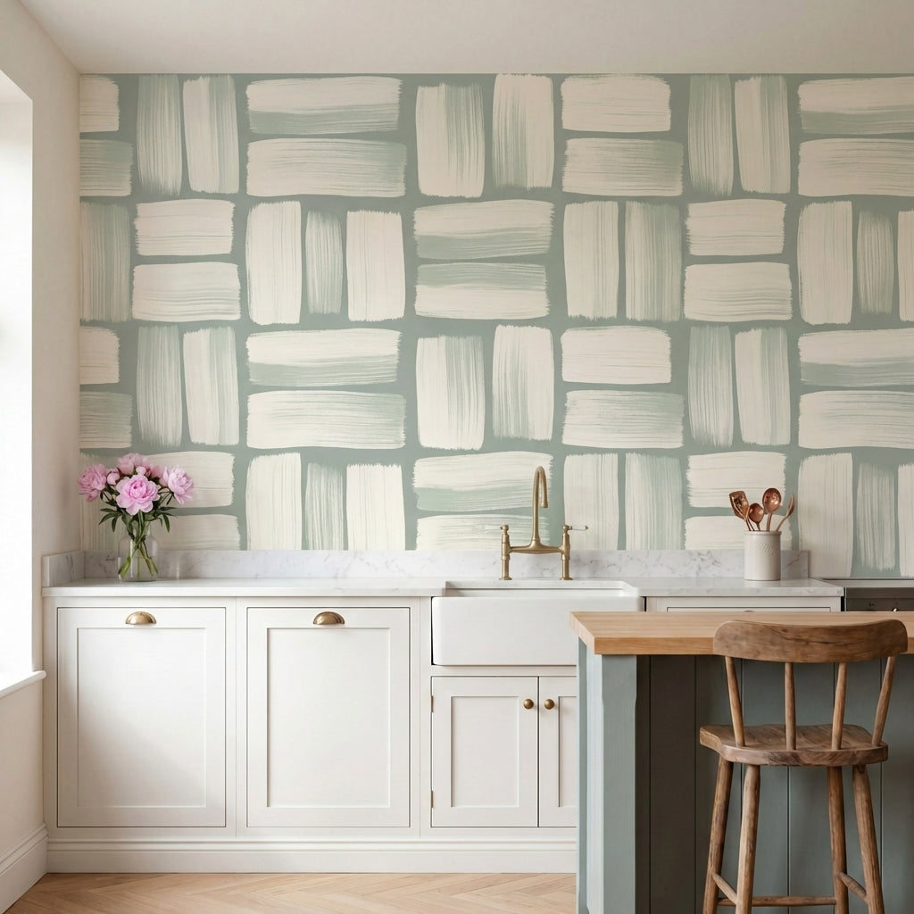 papier peint effet marbre rectangles brosses texture pierre tons vert sauge et b-1