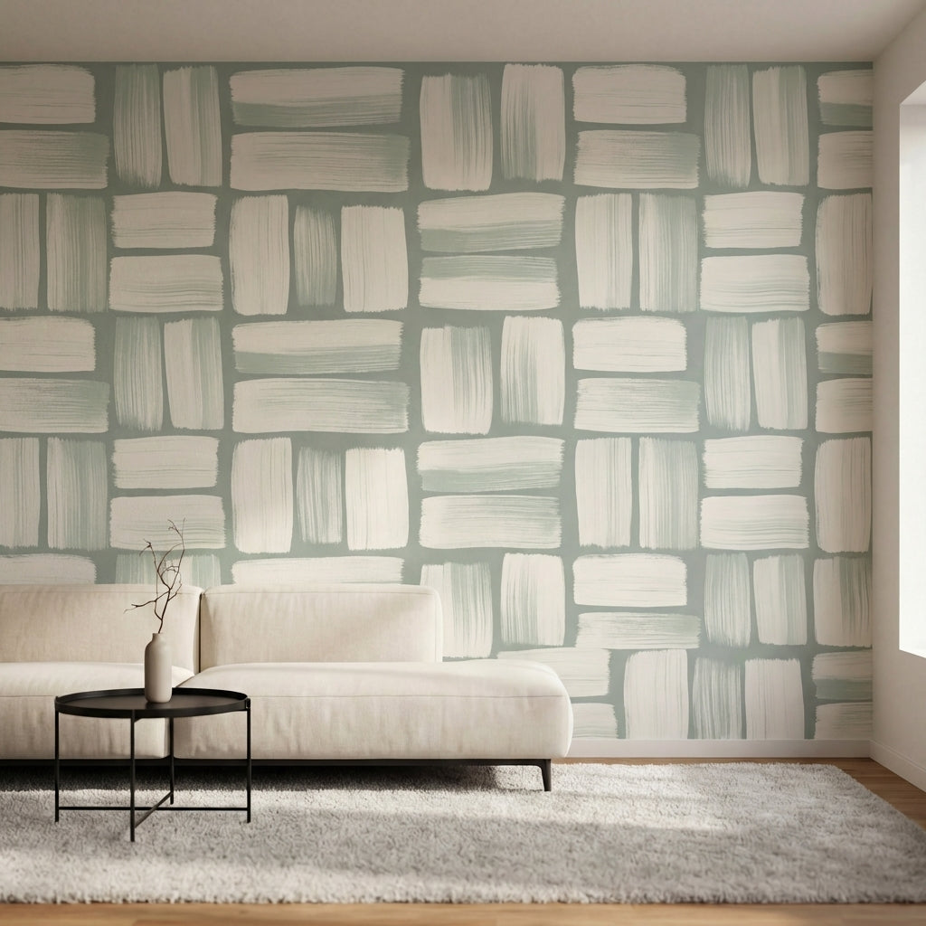 papier peint effet marbre rectangles brosses texture pierre tons vert sauge et b-2