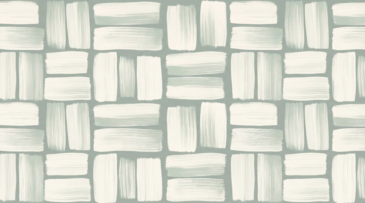 Papier peint panoramique effet marbre - Rectangles brossés texture pierre tons vert sauge et blanc crème sur mesure - Design