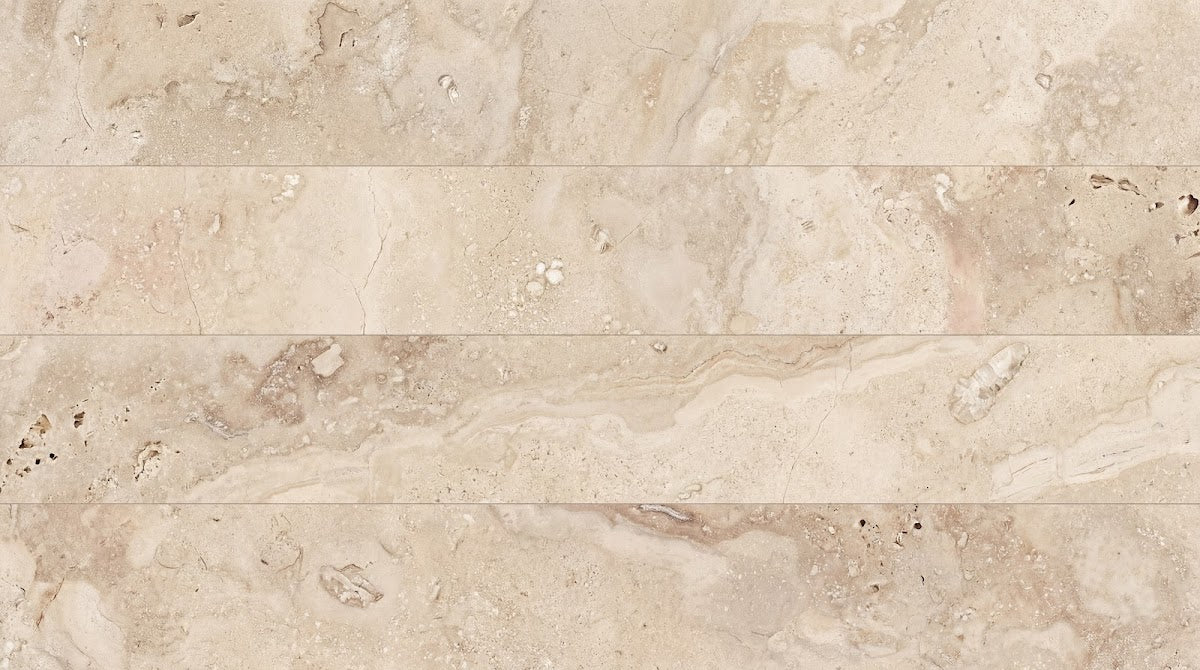 Papier peint panoramique effet marbre - Texture pierre naturelle de travertin beige sable et veines dorées sur mesure - Design