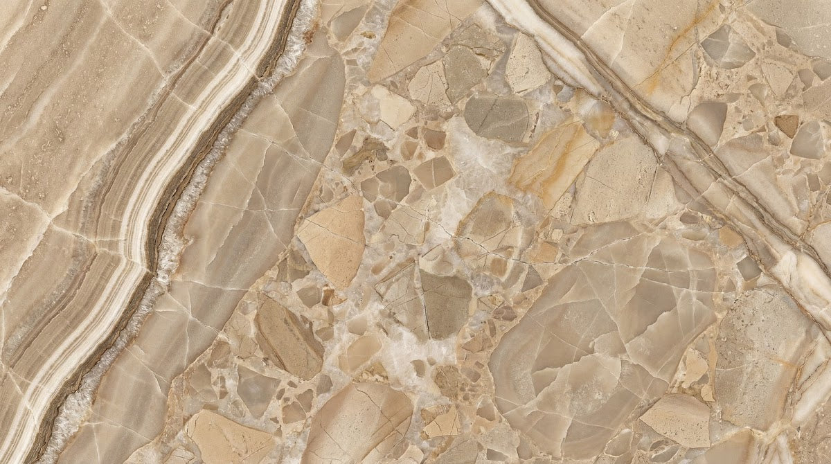 Papier peint panoramique effet marbre - Veines fluides ondulations naturelles tons beige crème et gris taupe sur mesure - Design