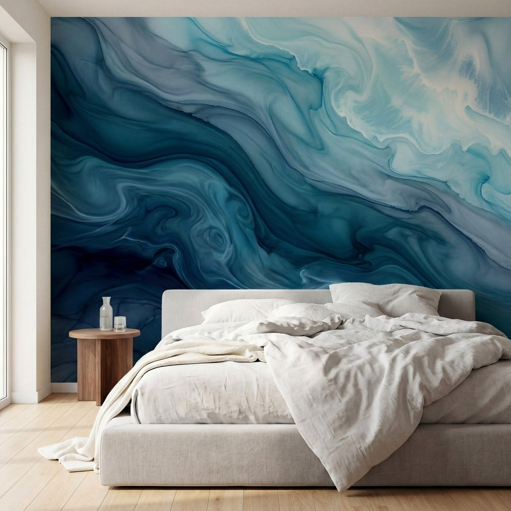 papier peint effet marbre veines fluides tourbillonnantes degrade bleu profond e-3