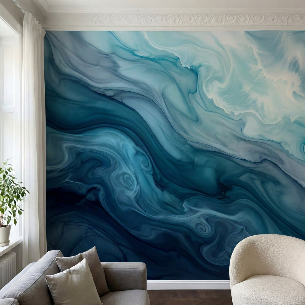 papier peint effet marbre veines fluides tourbillonnantes degrade bleu profond e-4