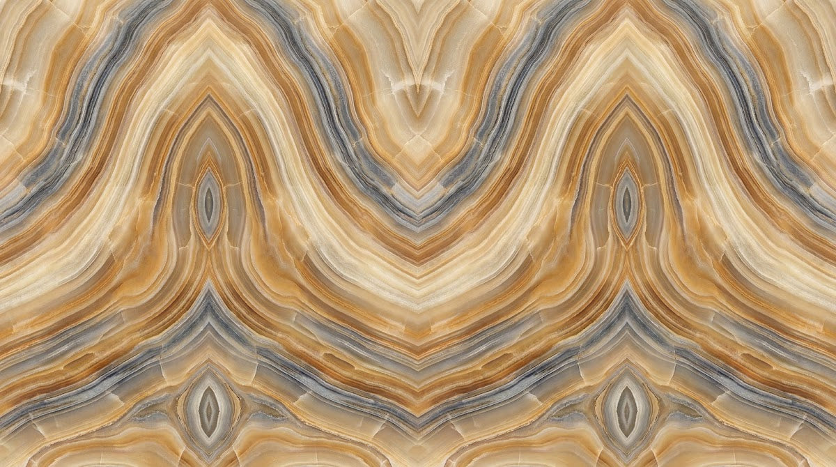 Papier peint panoramique effet marbre - Veines ondulantes stratifiées tons beige crème et gris anthracite sur mesure - Design
