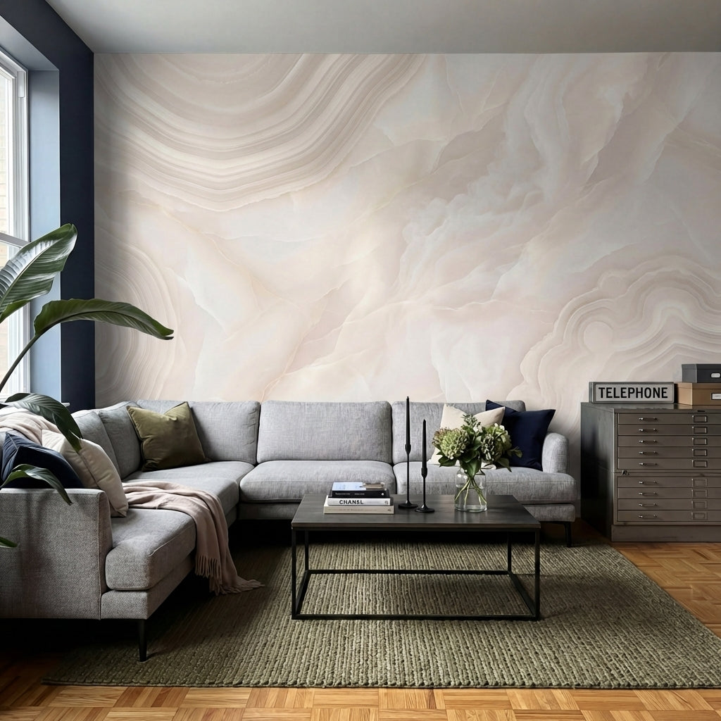 papier peint effet marbre veines tourbillons fluides degrade beige rose et blanc-VARIANTE-9