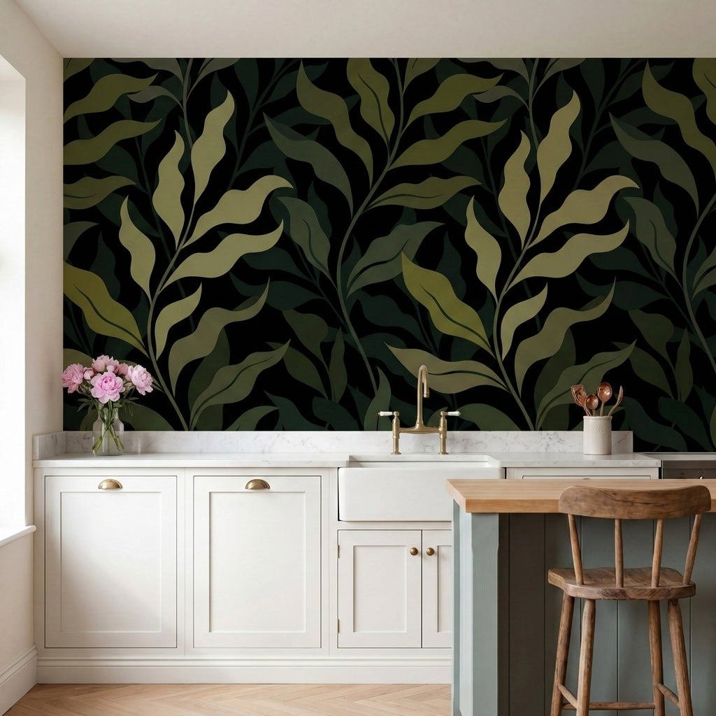 papier peint feuillage noir et blanc motifs vegetaux ondulants entrelaces tons v-1
