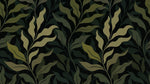 Papier peint panoramique végétal - Motifs végétaux ondulants entrelacés tons vert olive et beige sur mesure - Design