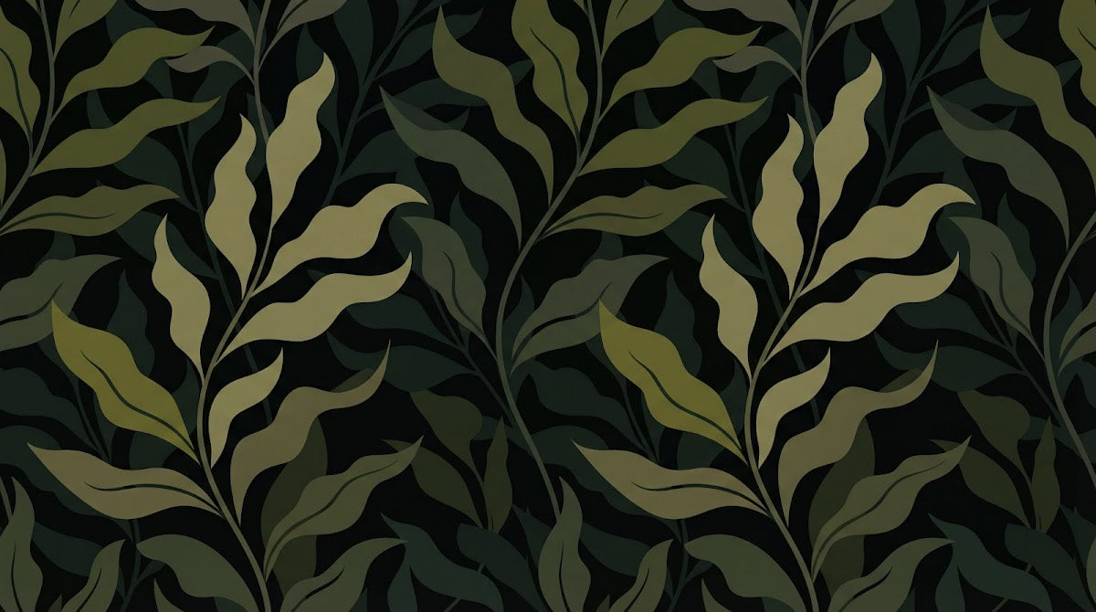 Papier peint panoramique végétal - Motifs végétaux ondulants entrelacés tons vert olive et beige sur mesure - Design