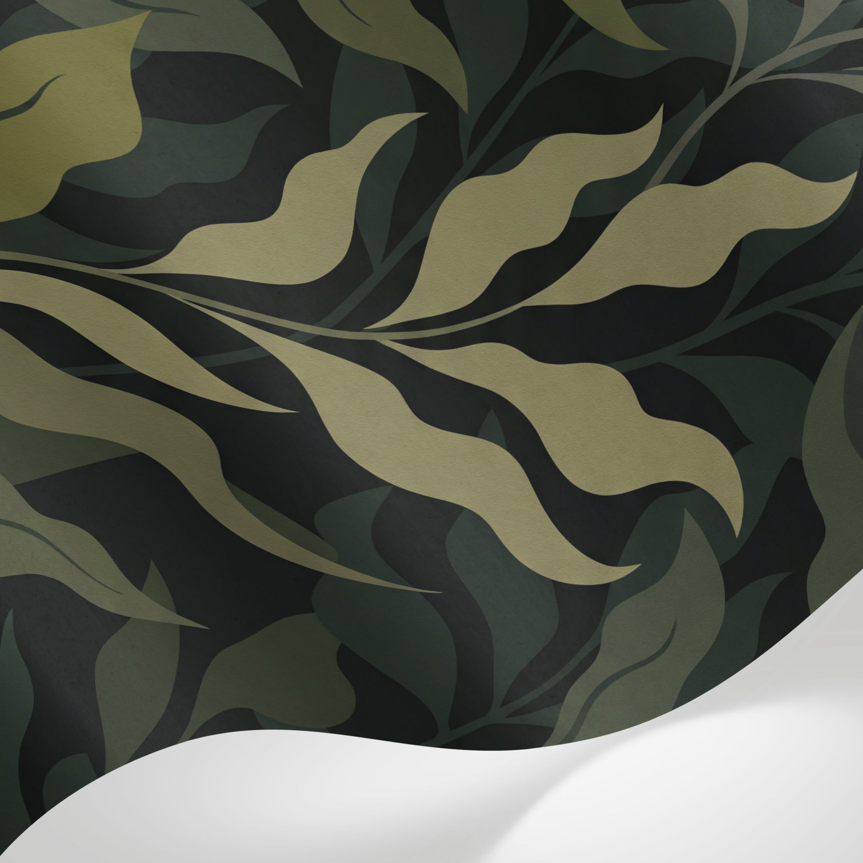 Papier peint panoramique végétal - Motifs végétaux ondulants entrelacés tons vert olive et beige sur mesure - Matière