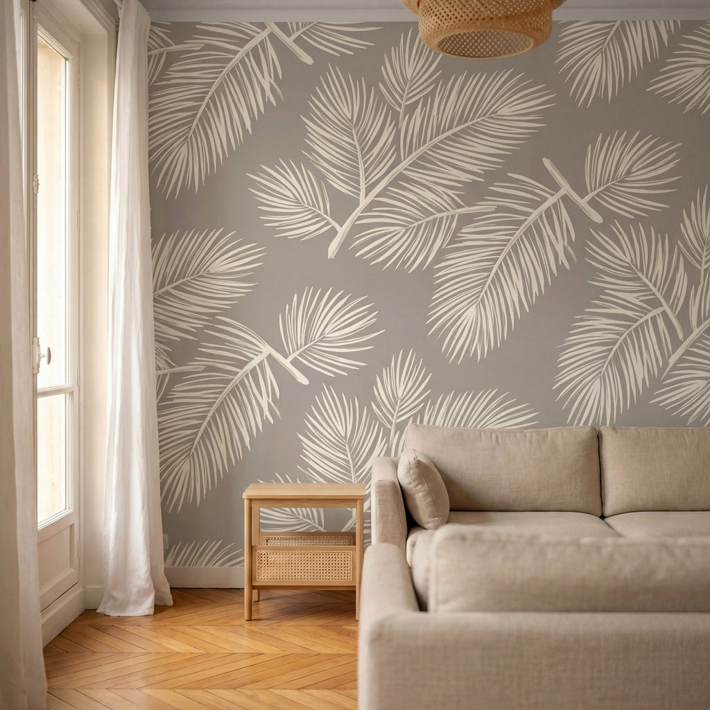 papier peint feuillage tropical palmes stylisees detaillees tons beige creme et -6