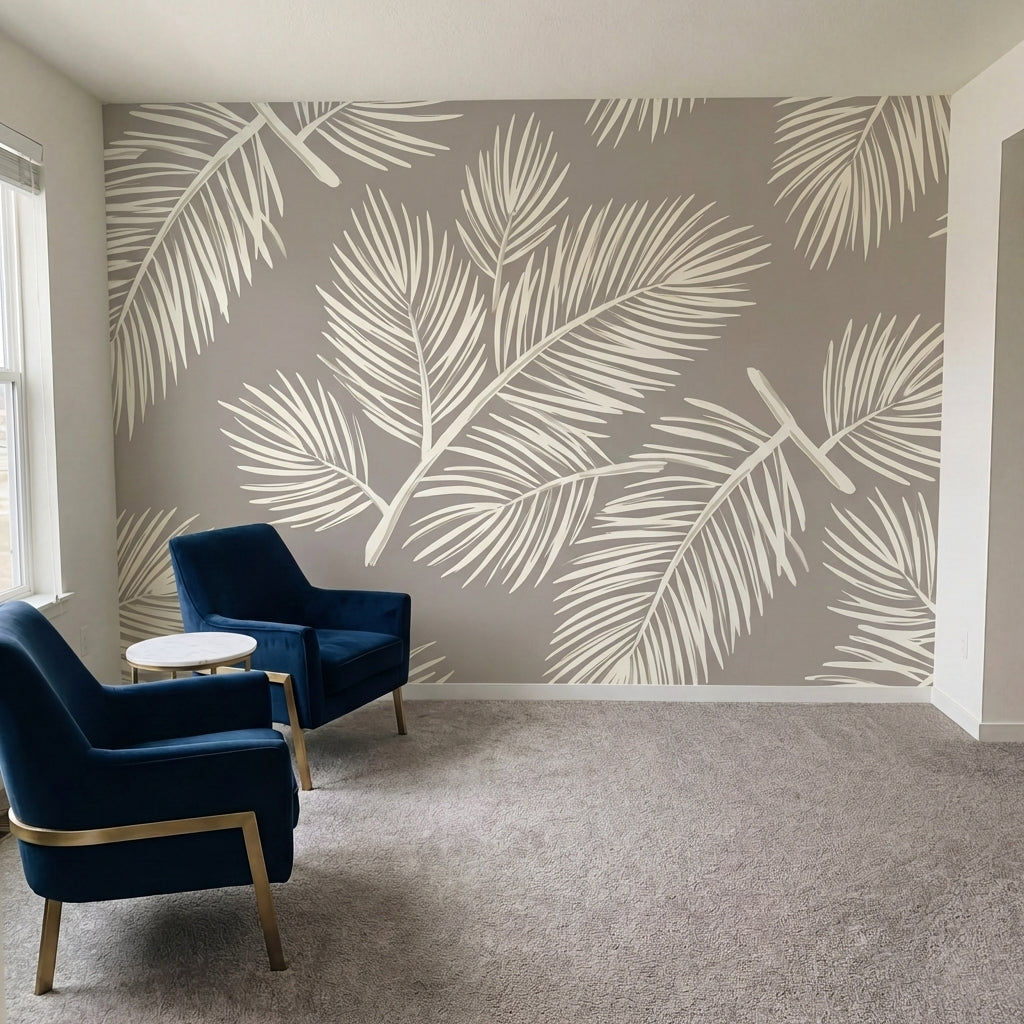 papier peint feuillage tropical palmes stylisees detaillees tons beige creme et -7