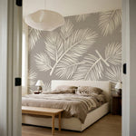 papier peint feuillage tropical palmes stylisees detaillees tons beige creme et -8
