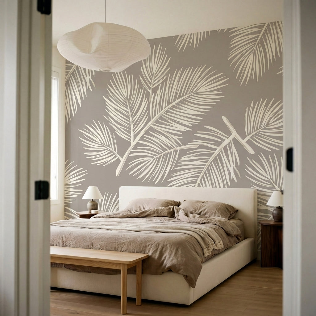 papier peint feuillage tropical palmes stylisees detaillees tons beige creme et -8