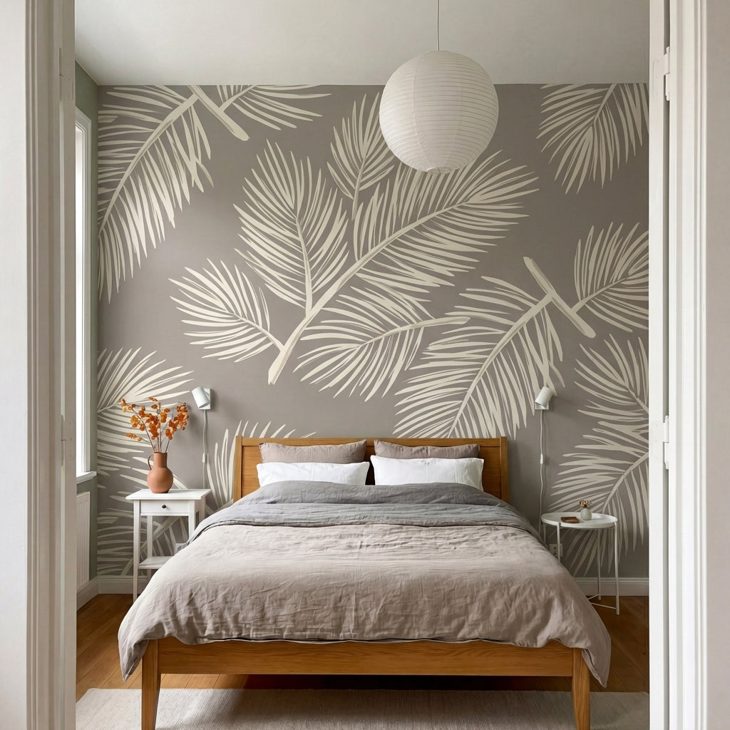 papier peint feuillage tropical palmes stylisees detaillees tons beige creme et -9