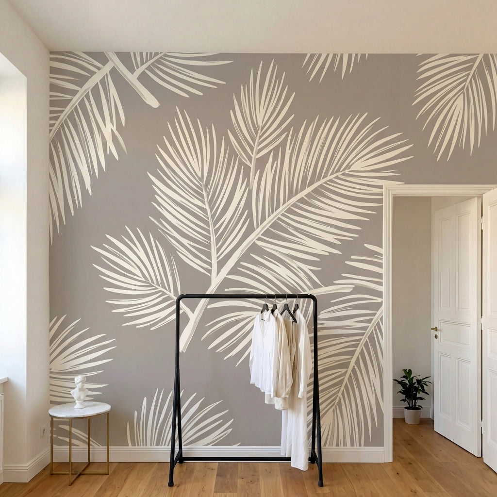 papier peint feuillage tropical palmes stylisees detaillees tons beige creme et -HERO-9