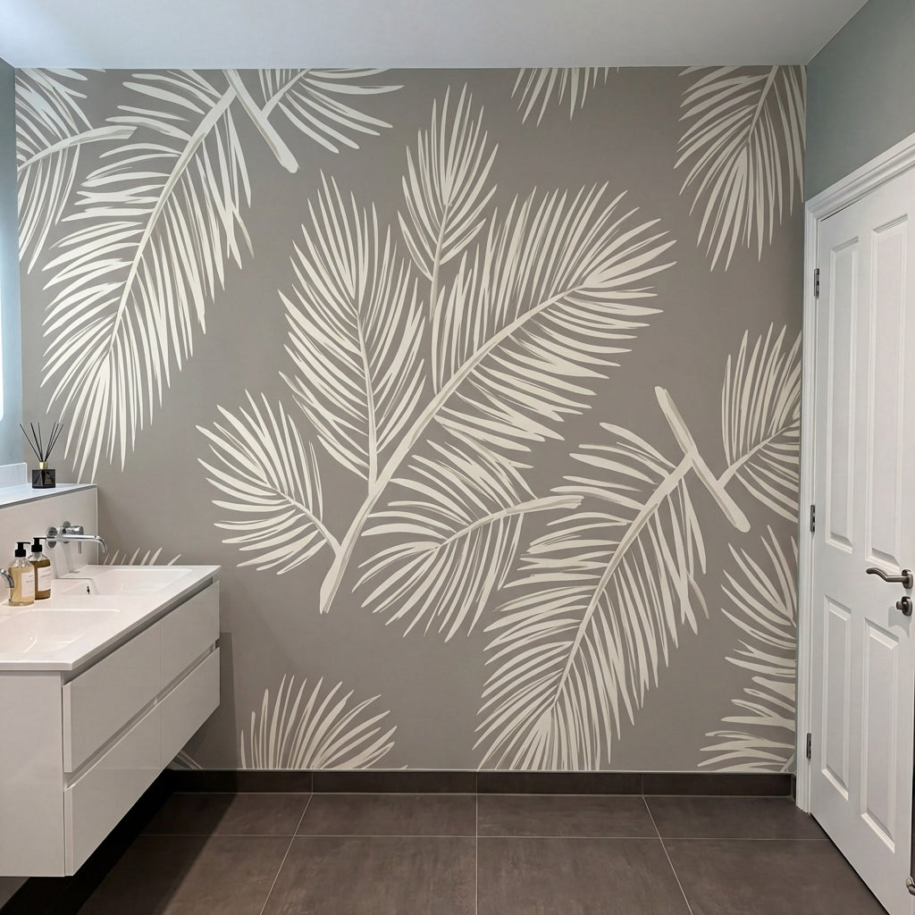 papier peint feuillage tropical palmes stylisees detaillees tons beige creme et -VARIANTE-6