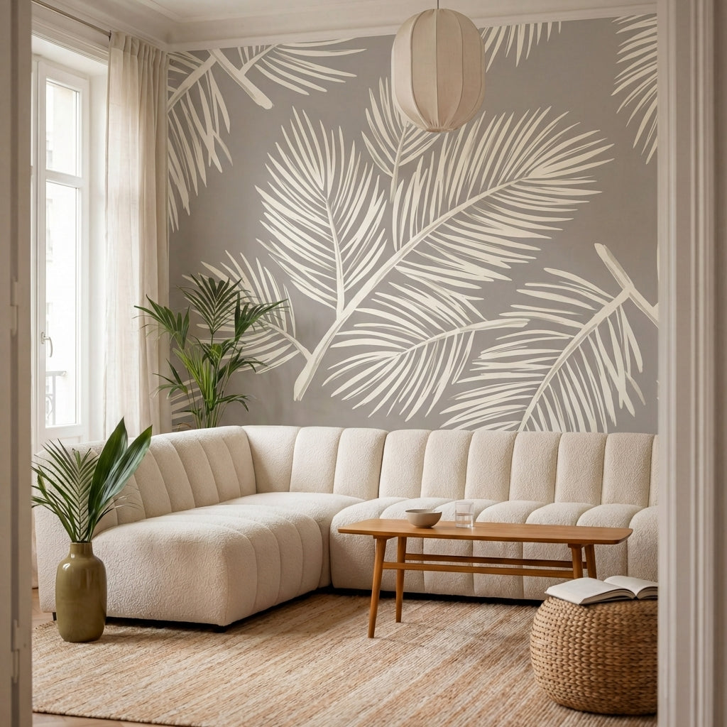 papier peint feuillage tropical palmes stylisees detaillees tons beige creme et -VARIANTE-7