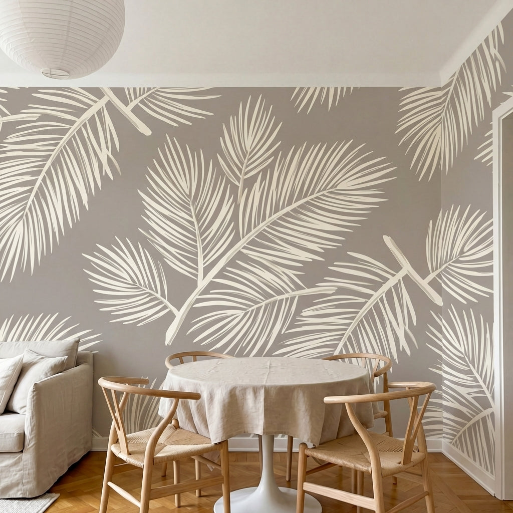 papier peint feuillage tropical palmes stylisees detaillees tons beige creme et -VARIANTE-8