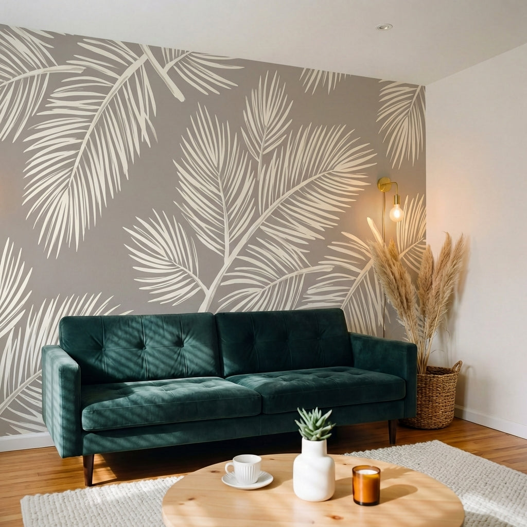 papier peint feuillage tropical palmes stylisees detaillees tons beige creme et -VARIANTE-9