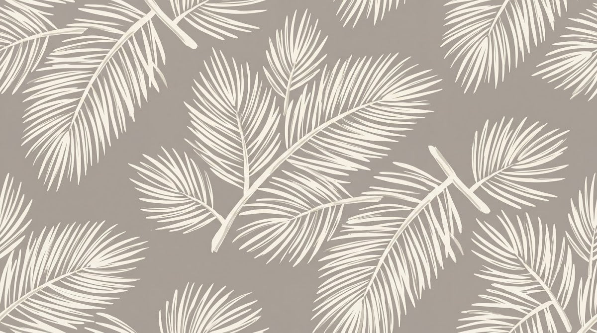Papier peint panoramique feuillage tropical - Palmes stylisées détaillées tons beige crème et gris taupe sur mesure - Design