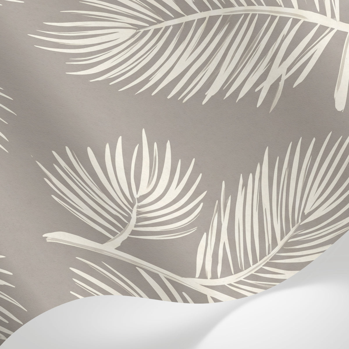 Papier peint panoramique feuillage tropical - Palmes stylisées détaillées tons beige crème et gris taupe sur mesure - Matière