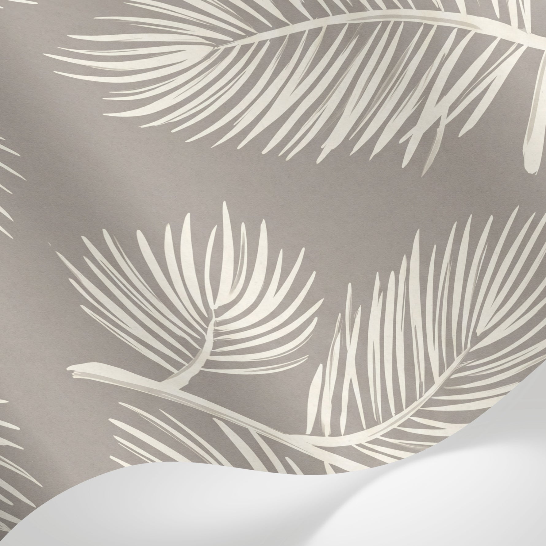 Papier peint panoramique feuillage tropical - Palmes stylisées détaillées tons beige crème et gris taupe sur mesure - Matière