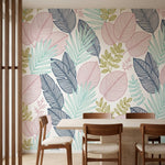 papier peint feuillage tropical palmiers feuilles exotiques lineaires tons rose -2