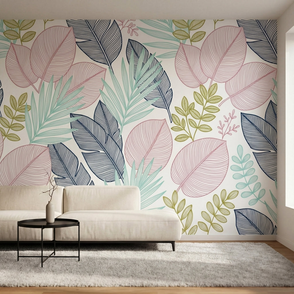 papier peint feuillage tropical palmiers feuilles exotiques lineaires tons rose -3