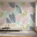 papier peint feuillage tropical palmiers feuilles exotiques lineaires tons rose -3
