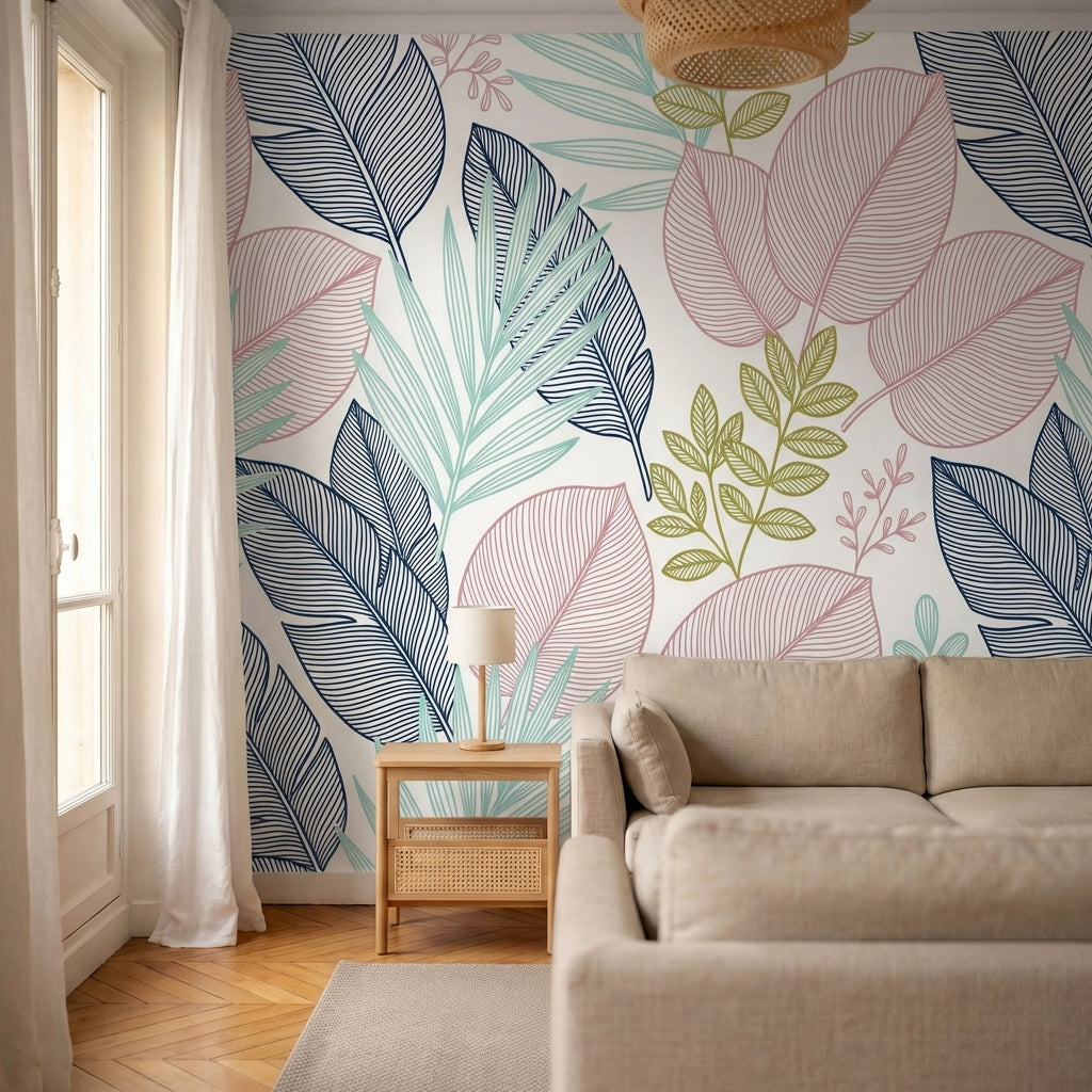 papier peint feuillage tropical palmiers feuilles exotiques lineaires tons rose -6